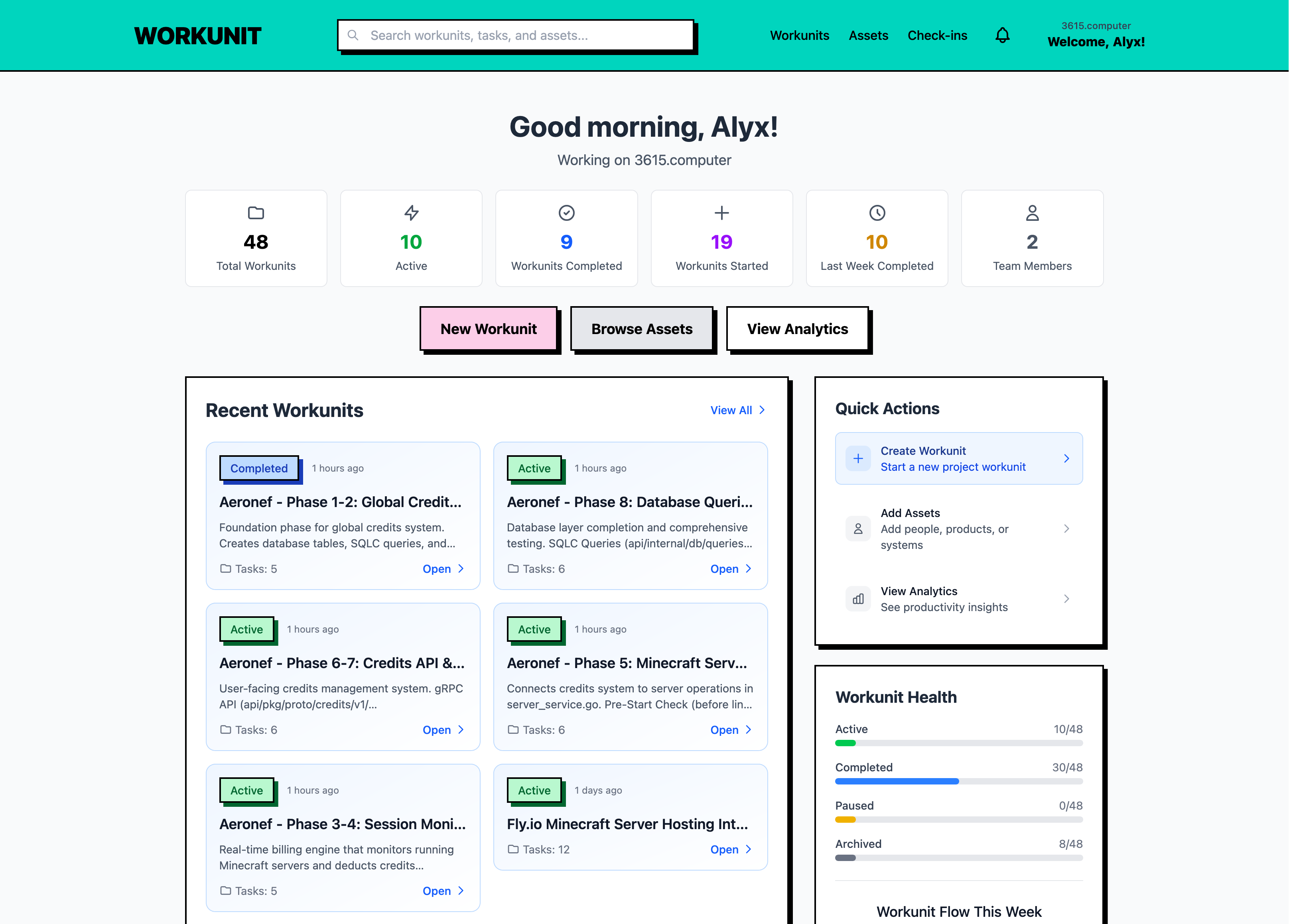 Screenshot of Workunit dashboard showing a list of workunits with their status, tasks count, and recent activity