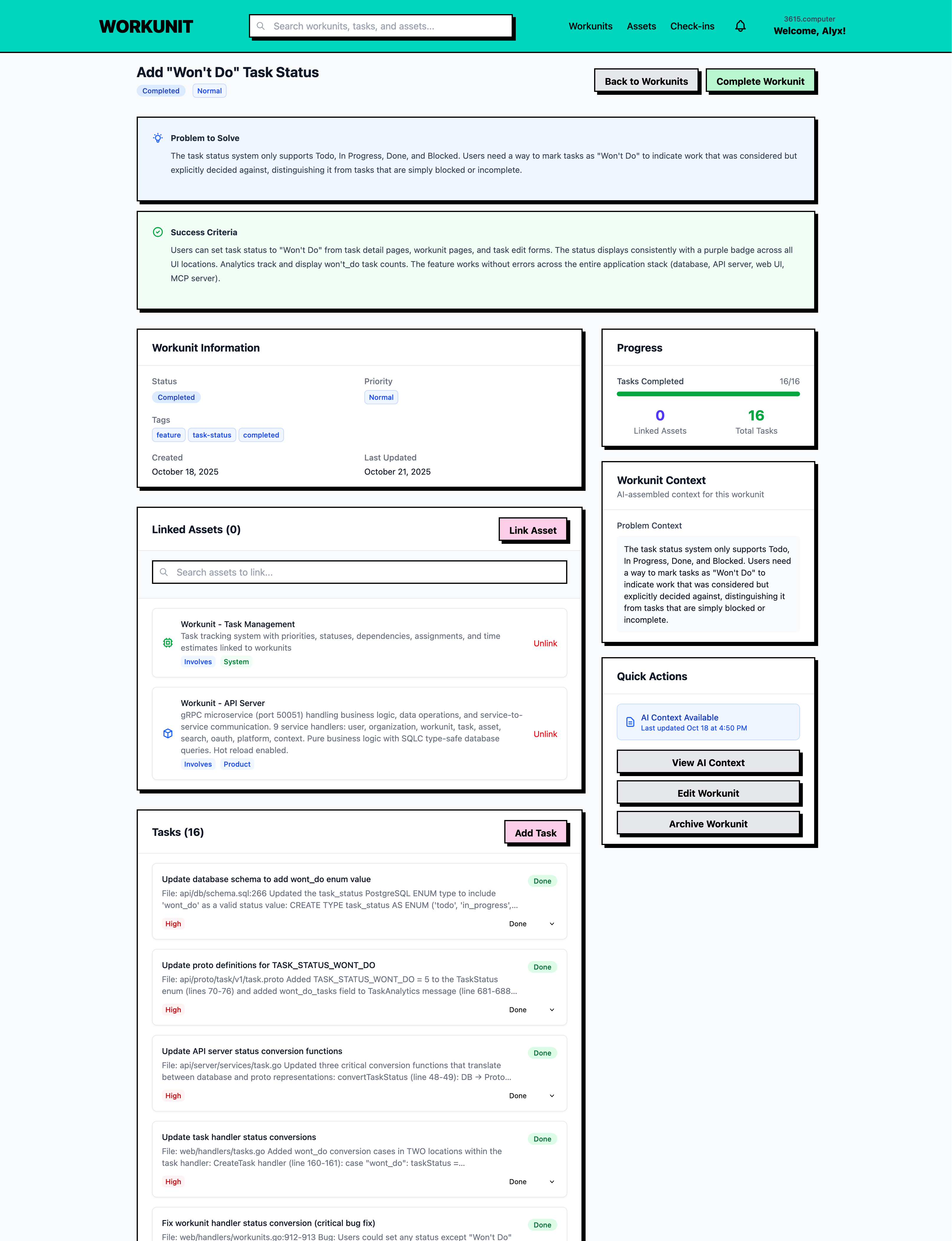 Screenshot of a workunit detail page showing the problem statement, success criteria, AI context section, and list of tasks with their statuses (todo, in progress, done)